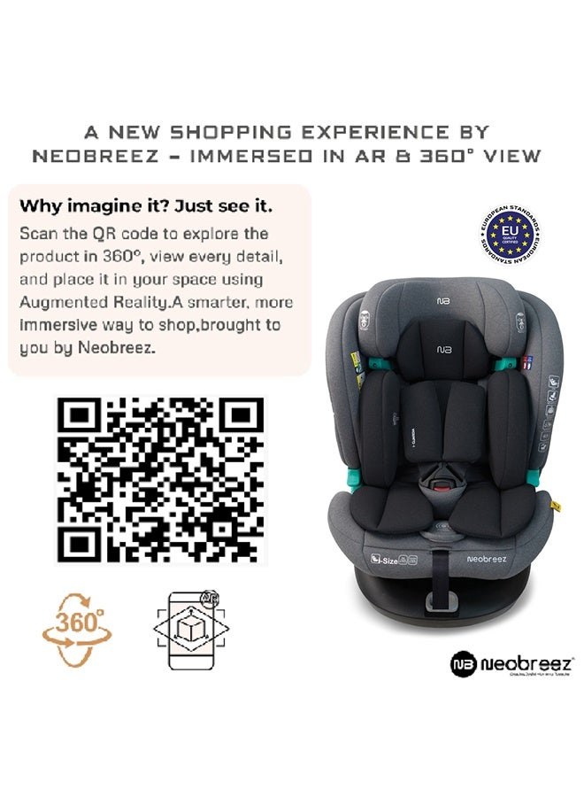neobreez مقعد سيارة للأطفال Neobreez i-GUARDIA 360° ISOFIX i-Size، مقعد قابل للتحويل للأطفال، ECER129، قابل للإمالة والتعديل، حماية من الصدمات الجانبية، 0-12 سنة، 0-36 كجم، مجموعة 0 +/1/2/5 - رمادي أسود - Image 2